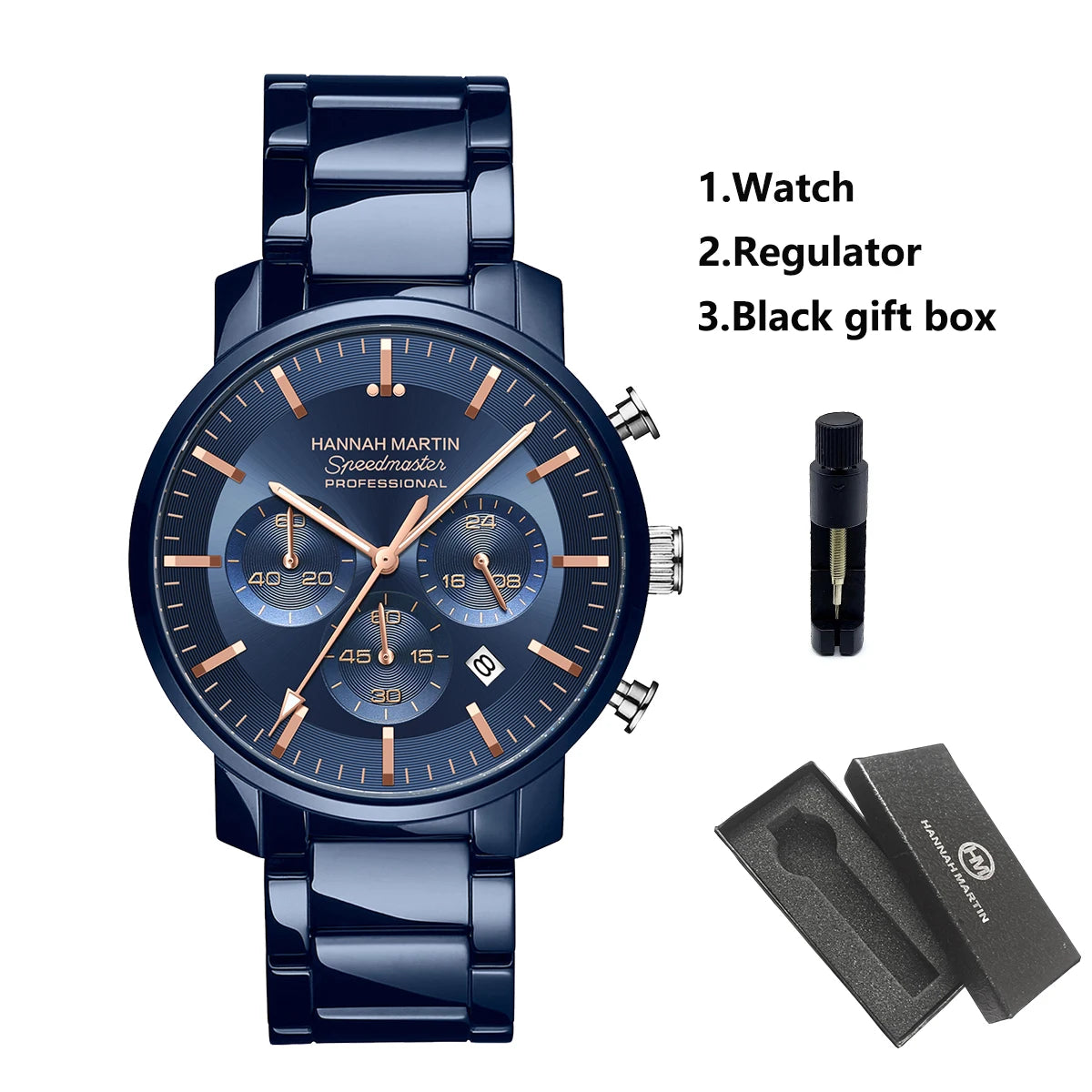 2024 New Multi functional Watch Hannah Martin Brand 46mm Blue Silver Stainless Steel Leisure Quartz Timing Watch Freee Shipping