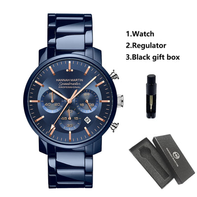 2024 New Multi functional Watch Hannah Martin Brand 46mm Blue Silver Stainless Steel Leisure Quartz Timing Watch Freee Shipping