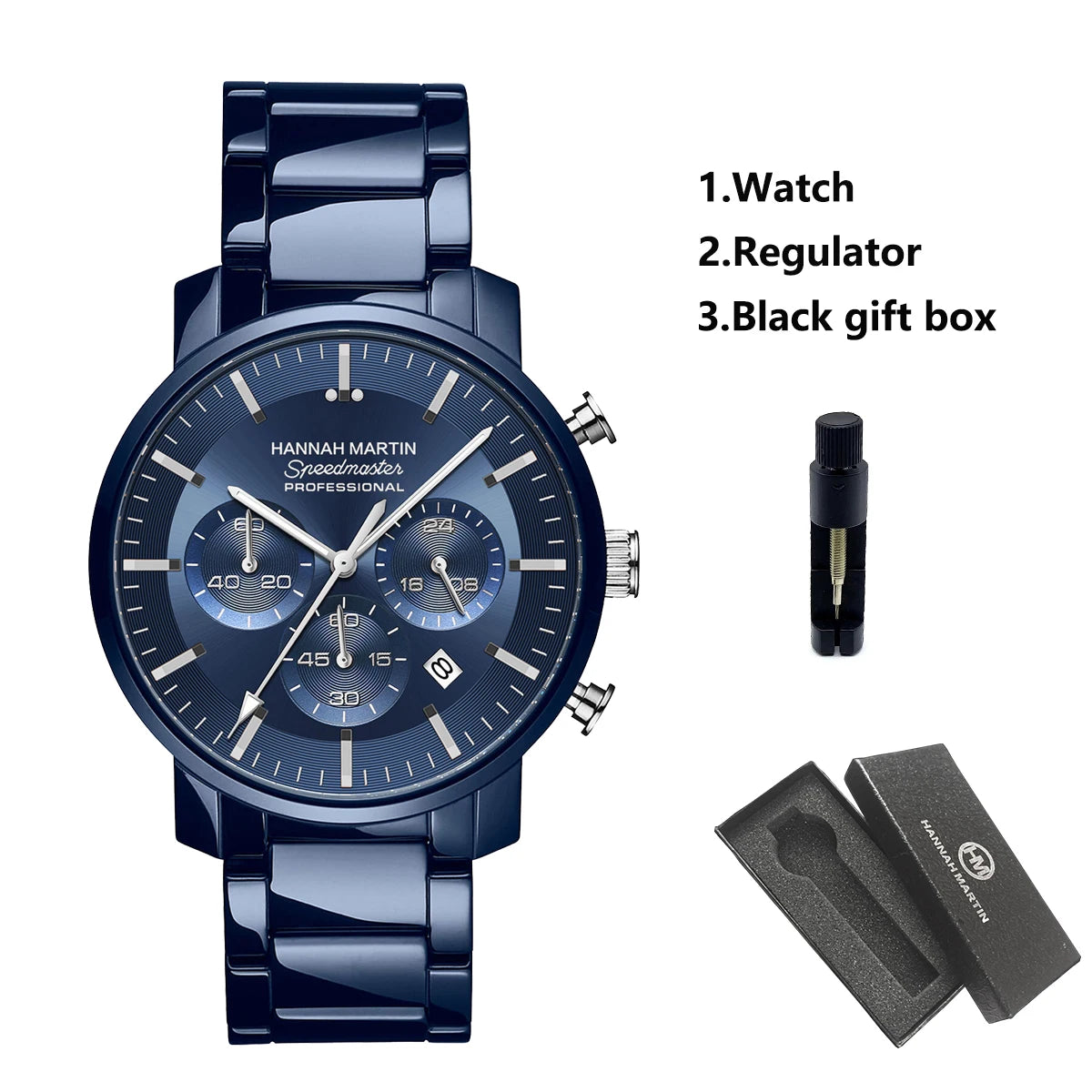 2024 New Multi functional Watch Hannah Martin Brand 46mm Blue Silver Stainless Steel Leisure Quartz Timing Watch Freee Shipping