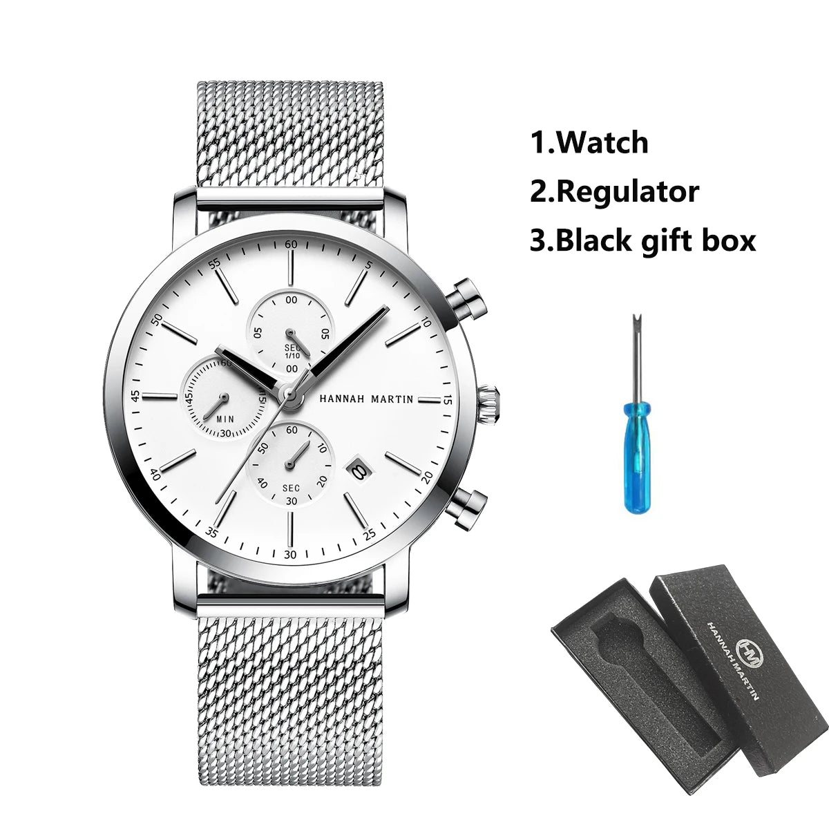 Relógio Masculino Hebrom White Silve Pulseira Mesh Band
